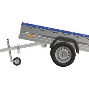 Garden Trailer 200 Kipp Einachsanhänger mit Stützrad und blauer Flachplane