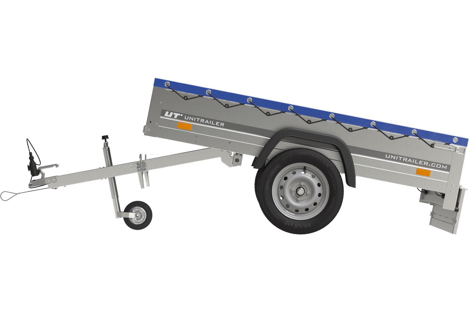 Garden Trailer 200 Kipp Einachsanhänger mit Stützrad und blauer Flachplane