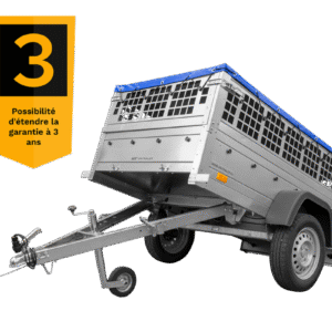 200×106 Gitteranhänger mit blauer Flachplane, Gitterwänden und Stützrad – Garden Trailer 200 KIPP